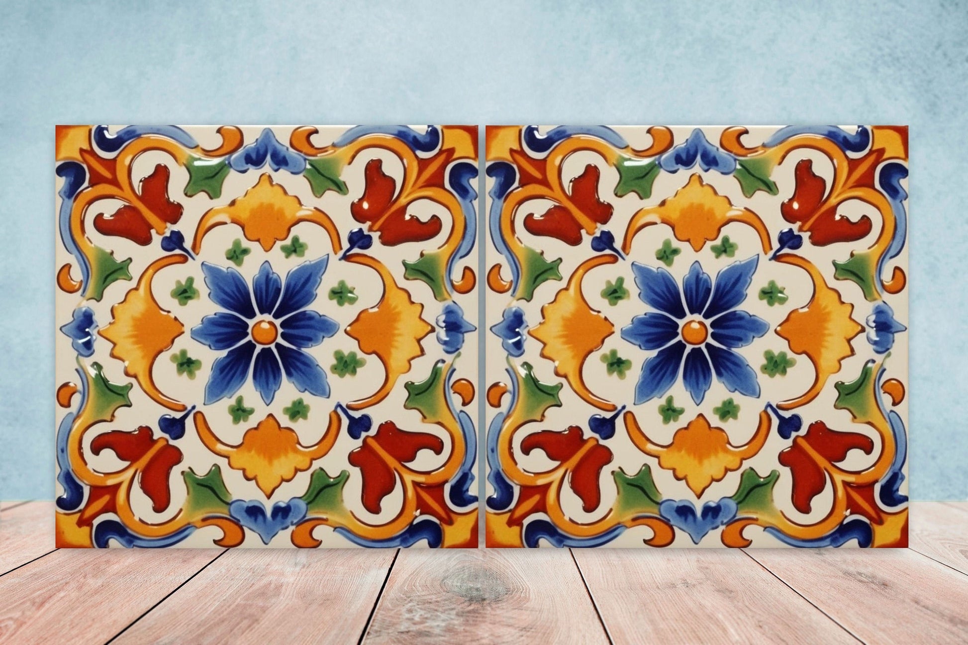 Spanish Ceramic Flower Tiles - Set of 2 Spanish Wall Decor Tiles - Kitchen Backsplash Tiles, Table Decorative Tiles, Bathroom Tiles, Coaster