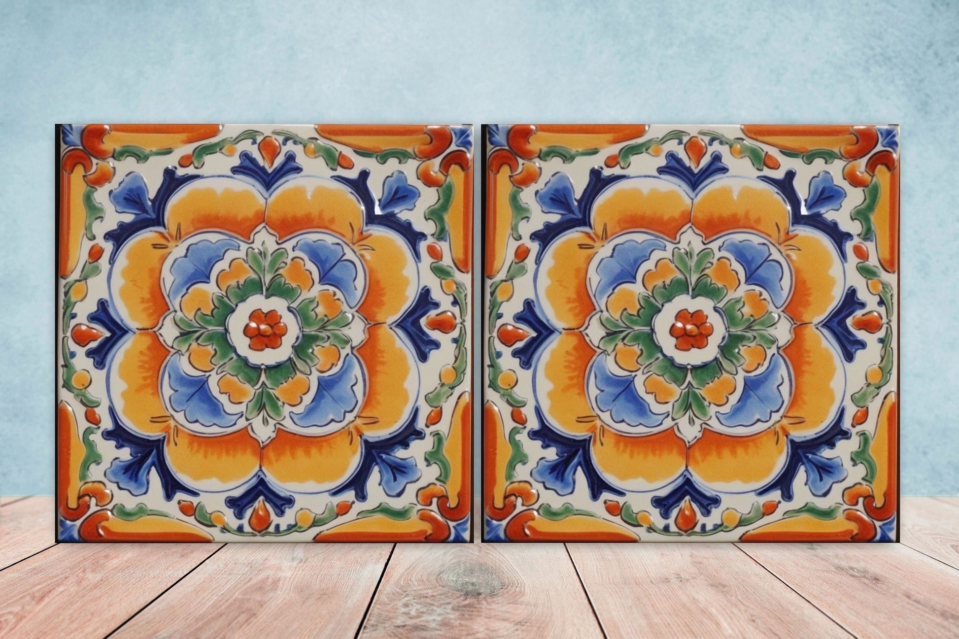 Spanish Ceramic Flower Tiles - Set of 2 Spanish Wall Decor Tiles - Kitchen Backsplash Tiles, Table Decorative Tiles, Bathroom Tiles, Coaster