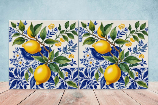 Italian Majolica Lemon Tiles - Set of 2 Italian Wall Decor Tiles - Kitchen Backsplash Tiles, Table Decorative Tiles, Bathroom Tiles, Coaster