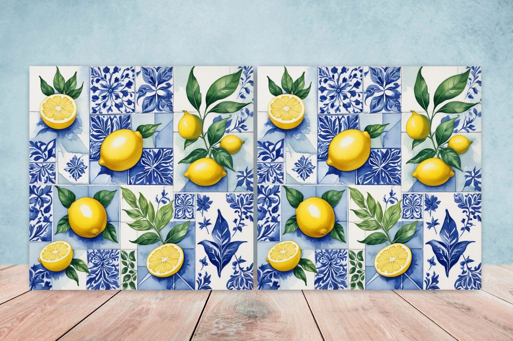 Italian Majolica Lemon Tiles - Set of 2 Italian Wall Decor Tiles - Kitchen Backsplash Tiles, Table Decorative Tiles, Bathroom Tiles, Coaster