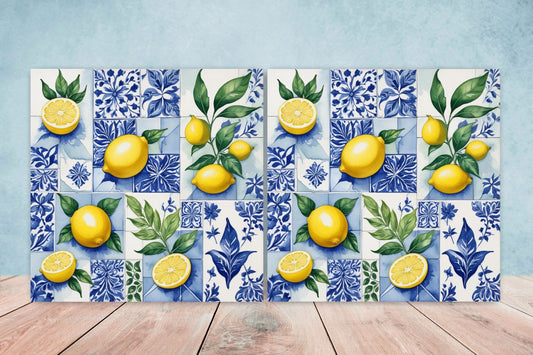 Italian Majolica Lemon Tiles - Set of 2 Italian Wall Decor Tiles - Kitchen Backsplash Tiles, Table Decorative Tiles, Bathroom Tiles, Coaster