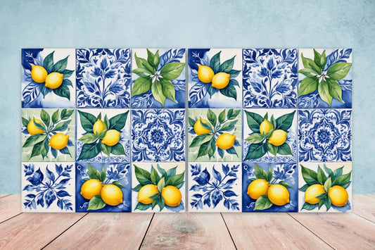 Italian Majolica Lemon Tiles - Set of 2 Italian Wall Decor Tiles - Kitchen Backsplash Tiles, Table Decorative Tiles, Bathroom Tiles, Coaster