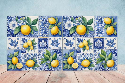 Italian Majolica Lemon Tiles - Set of 2 Italian Wall Decor Tiles - Kitchen Backsplash Tiles, Table Decorative Tiles, Bathroom Tiles, Coaster