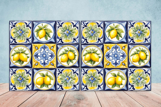 Italian Majolica Lemon Tiles - Set of 2 Italian Wall Decor Tiles - Kitchen Backsplash Tiles, Table Decorative Tiles, Bathroom Tiles, Coaster