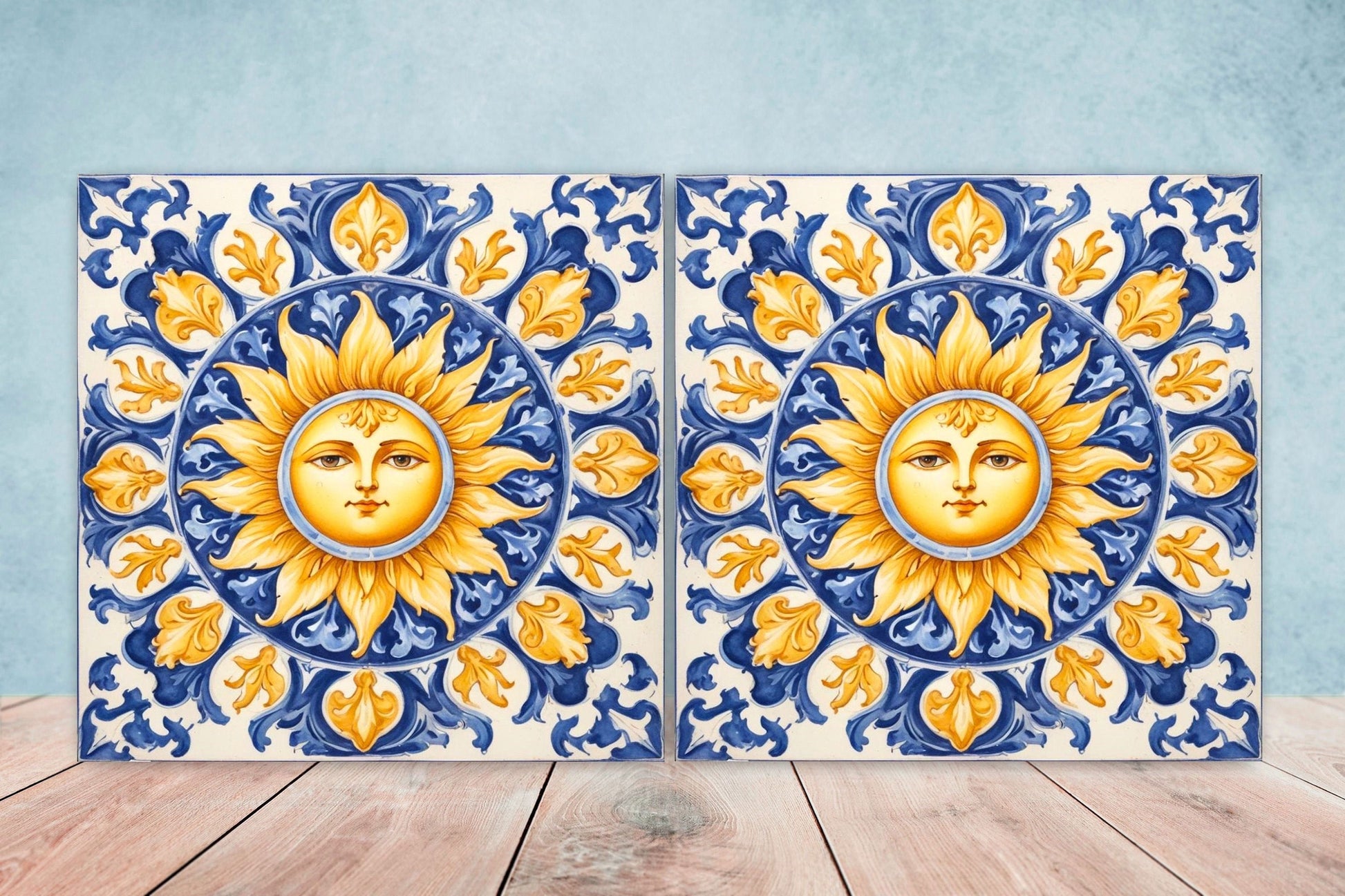 Italian Majolica Sun Tiles - Set of 2 Italian Wall Decor Tiles - Kitchen Backsplash Tiles, Table Decorative Tiles, Bathroom Tiles, Coaster