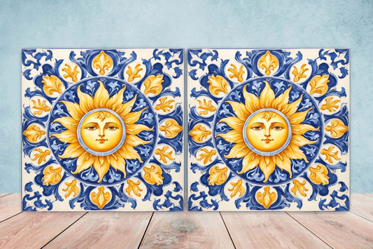 Italian Majolica Sun Tiles - Set of 2 Italian Wall Decor Tiles - Kitchen Backsplash Tiles, Table Decorative Tiles, Bathroom Tiles, Coaster