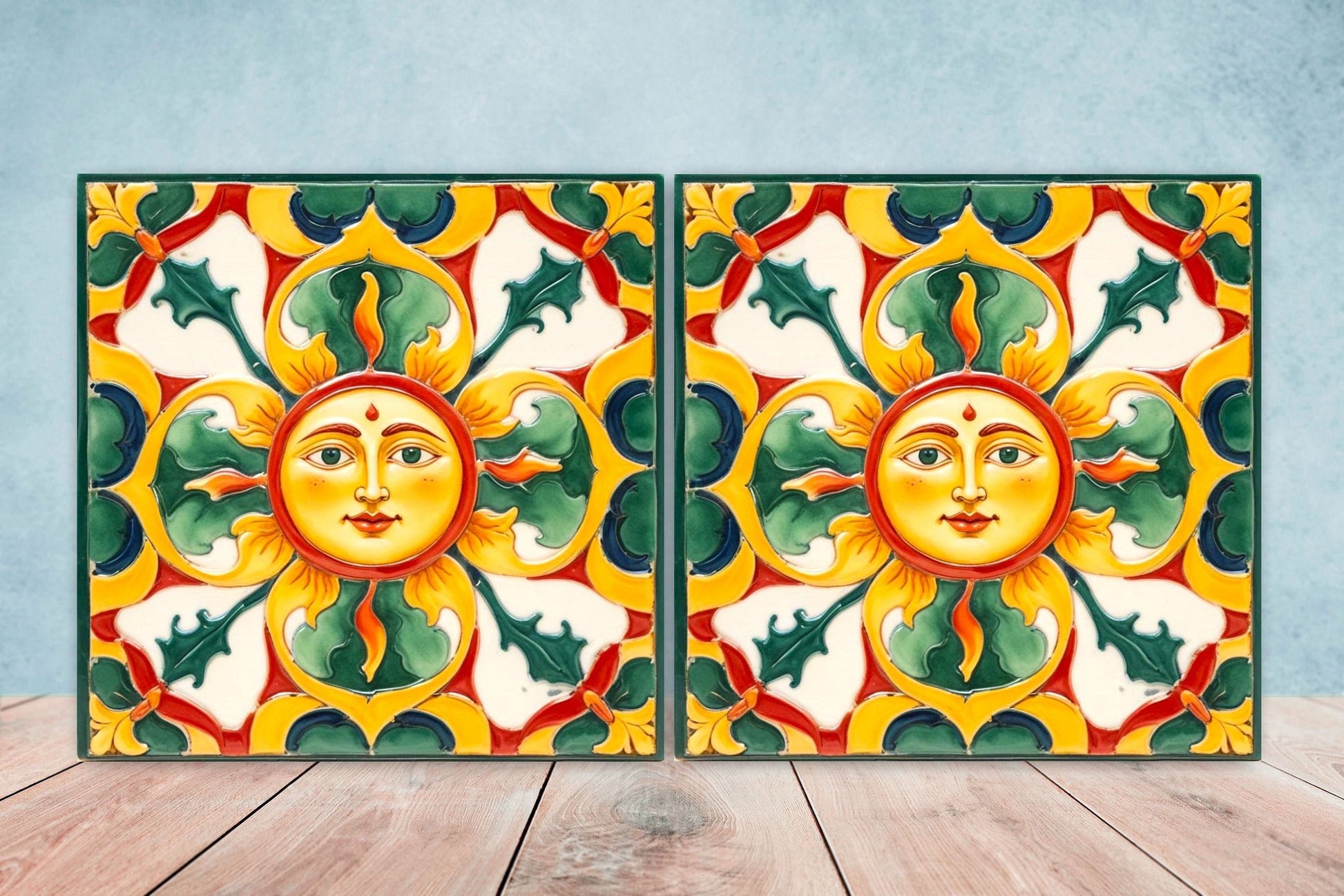 Italian Majolica Sun Tiles - Set of 2 Italian Wall Decor Tiles - Kitchen Backsplash Tiles, Table Decorative Tiles, Bathroom Tiles, Coaster