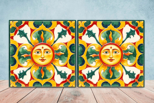 Italian Majolica Sun Tiles - Set of 2 Italian Wall Decor Tiles - Kitchen Backsplash Tiles, Table Decorative Tiles, Bathroom Tiles, Coaster