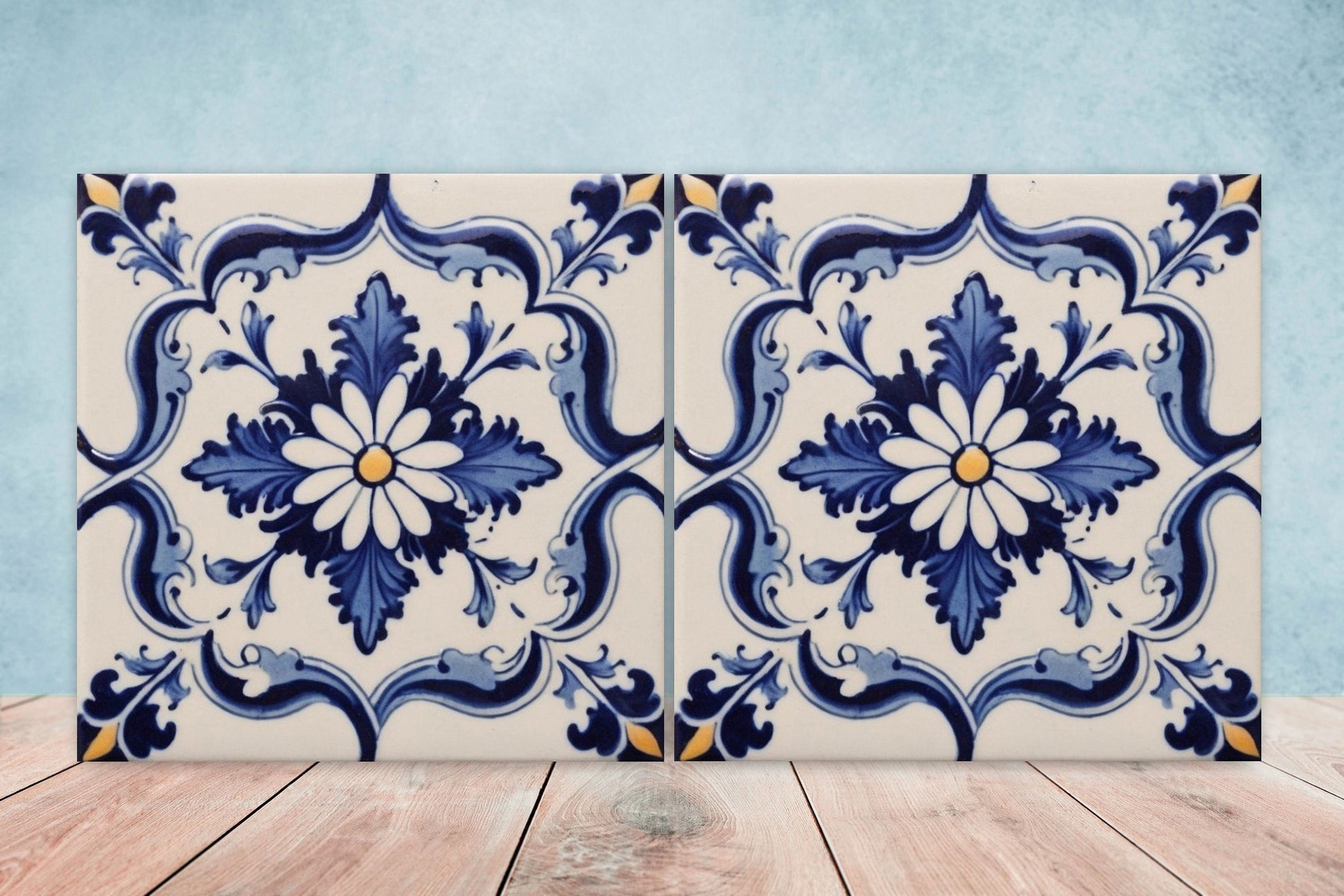 Spanish Ceramic Flower Tiles - Set of 2 Spanish Wall Decor Tiles - Kitchen Backsplash Tiles, Table Decorative Tiles, Bathroom Tiles, Coaster