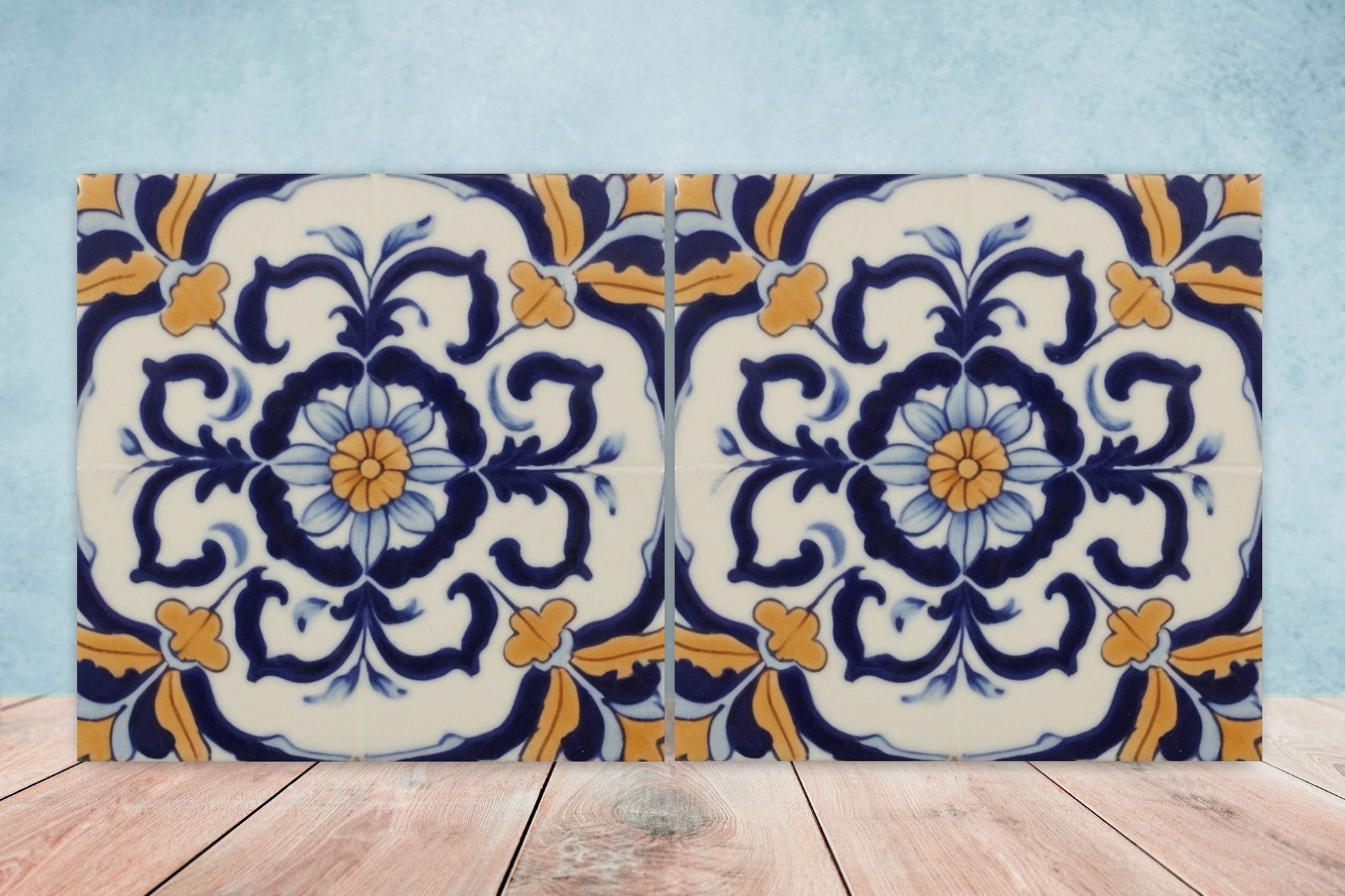 Spanish Ceramic Flower Tiles - Set of 2 Spanish Wall Decor Tiles - Kitchen Backsplash Tiles, Table Decorative Tiles, Bathroom Tiles, Coaster