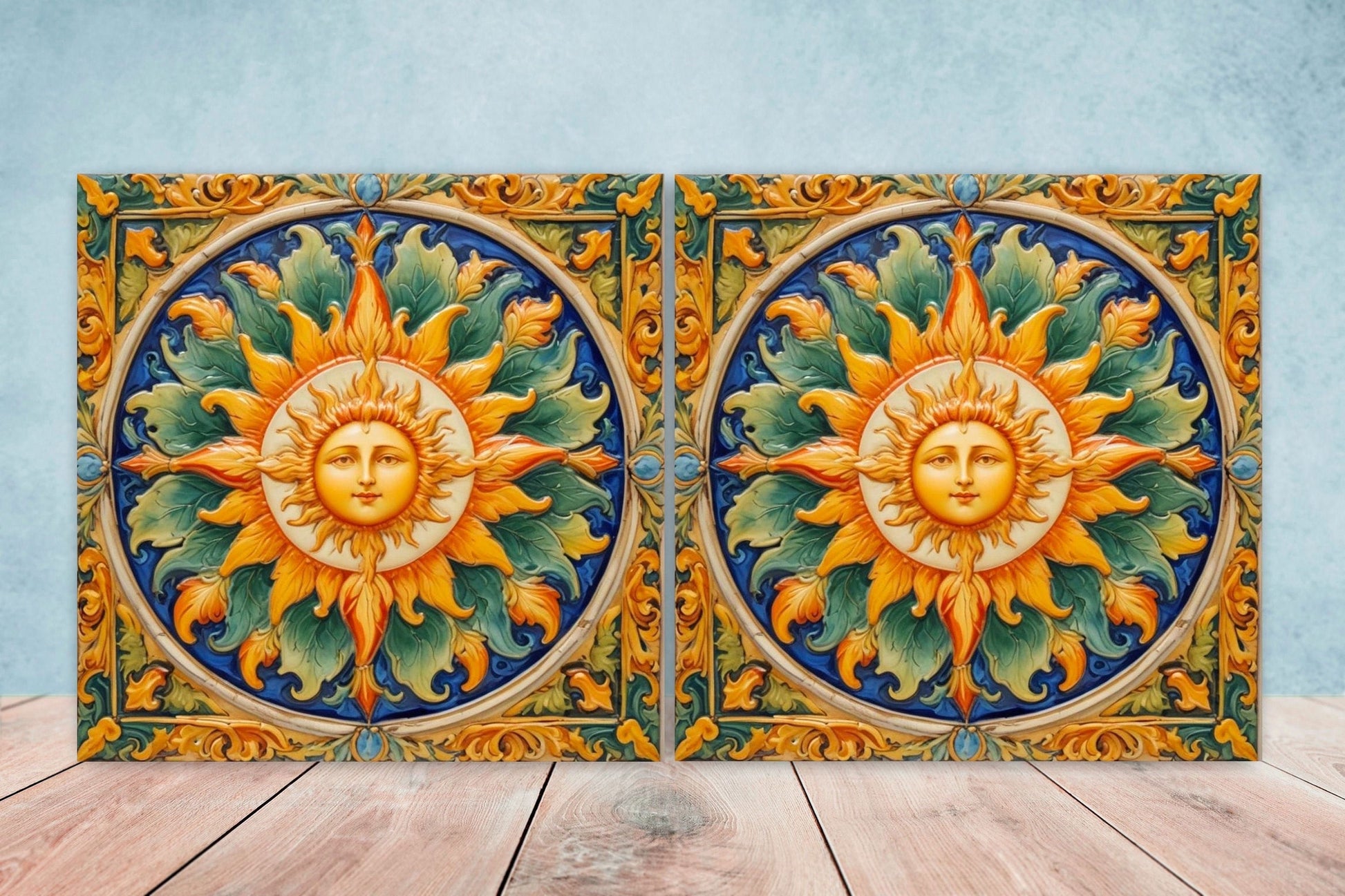 Italian Majolica Sun Tiles - Set of 2 Italian Wall Decor Tiles - Kitchen Backsplash Tiles, Table Decorative Tiles, Bathroom Tiles, Coaster