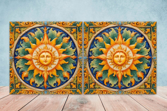 Italian Majolica Sun Tiles - Set of 2 Italian Wall Decor Tiles - Kitchen Backsplash Tiles, Table Decorative Tiles, Bathroom Tiles, Coaster