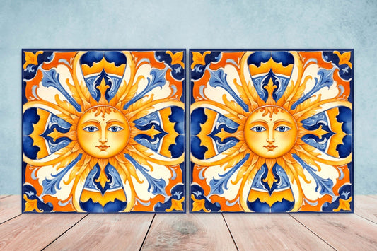Italian Majolica Sun Tiles - Set of 2 Italian Wall Decor Tiles - Kitchen Backsplash Tiles, Table Decorative Tiles, Bathroom Tiles, Coaster