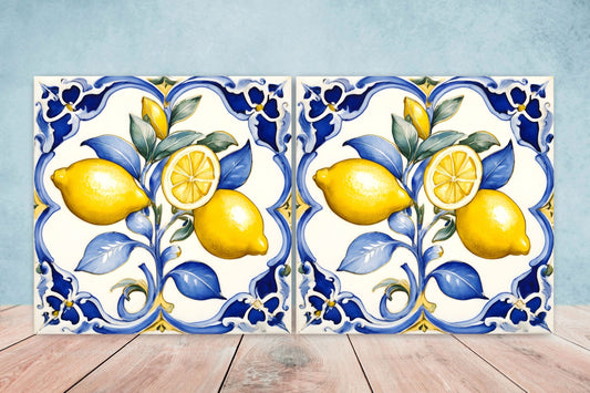 Italian Majolica Lemon Tiles - Set of 2 Italian Wall Decor Tiles - Kitchen Backsplash Tiles, Table Decorative Tiles, Bathroom Tiles, Coaster