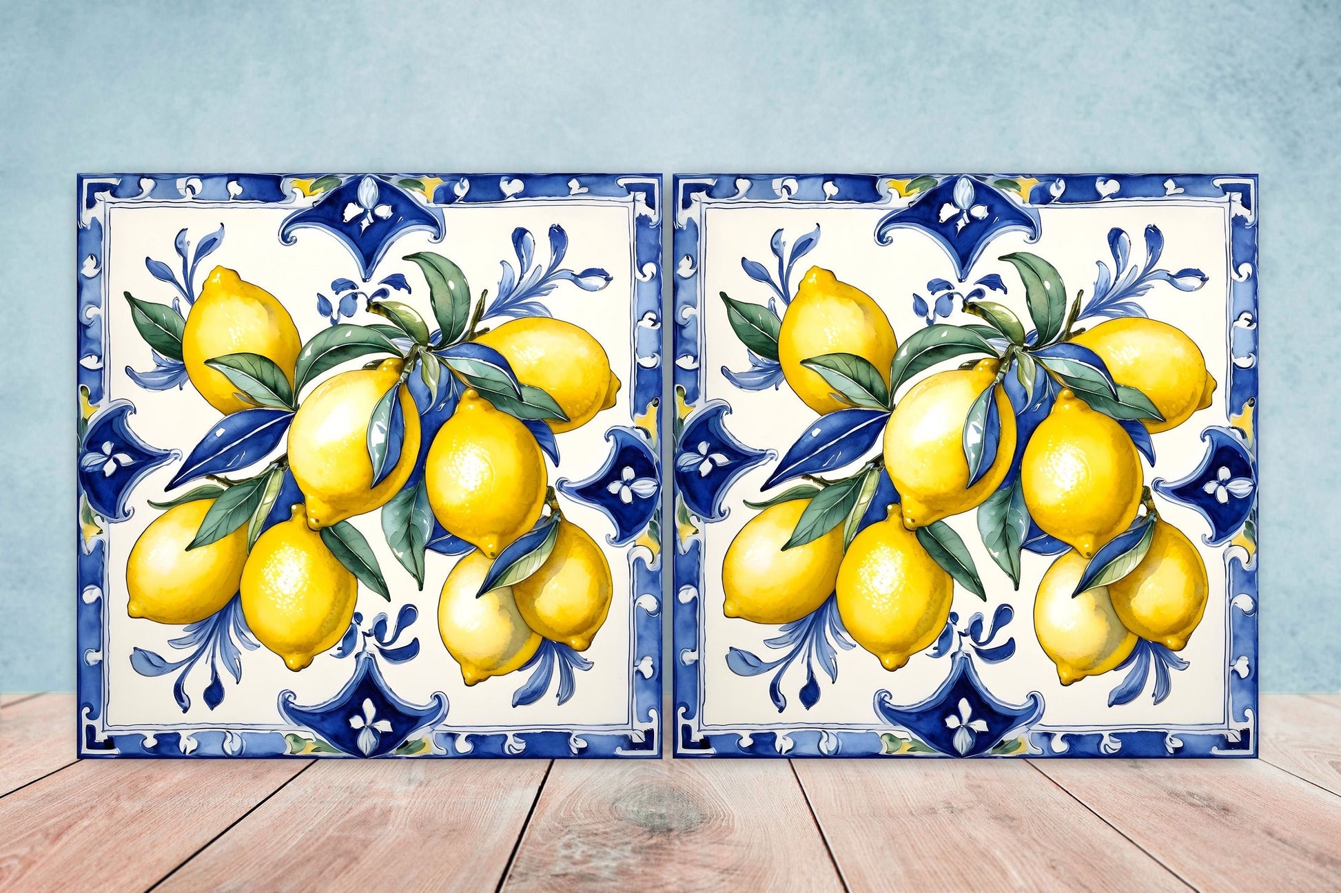 Italian Majolica Lemon Tiles - Set of 2 Italian Wall Decor Tiles - Kitchen Backsplash Tiles, Table Decorative Tiles, Bathroom Tiles, Coaster