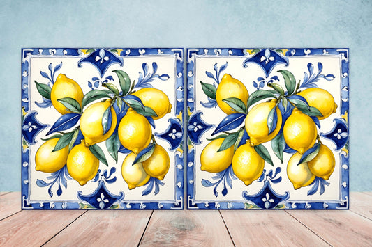 Italian Majolica Lemon Tiles - Set of 2 Italian Wall Decor Tiles - Kitchen Backsplash Tiles, Table Decorative Tiles, Bathroom Tiles, Coaster