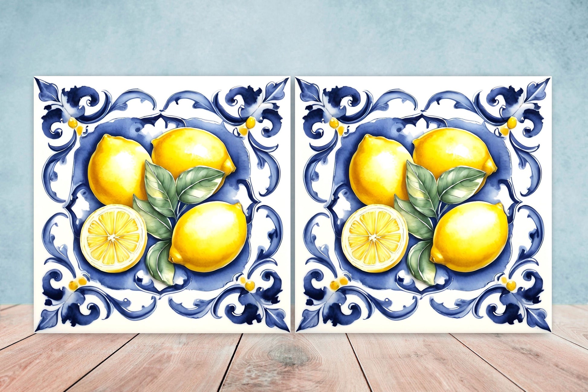 Italian Majolica Lemon Tiles - Set of 2 Italian Wall Decor Tiles - Kitchen Backsplash Tiles, Table Decorative Tiles, Bathroom Tiles, Coaster