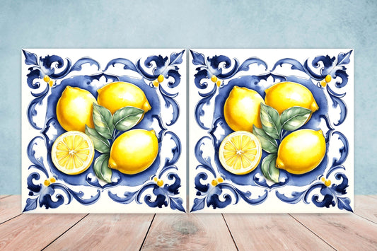 Italian Majolica Lemon Tiles - Set of 2 Italian Wall Decor Tiles - Kitchen Backsplash Tiles, Table Decorative Tiles, Bathroom Tiles, Coaster