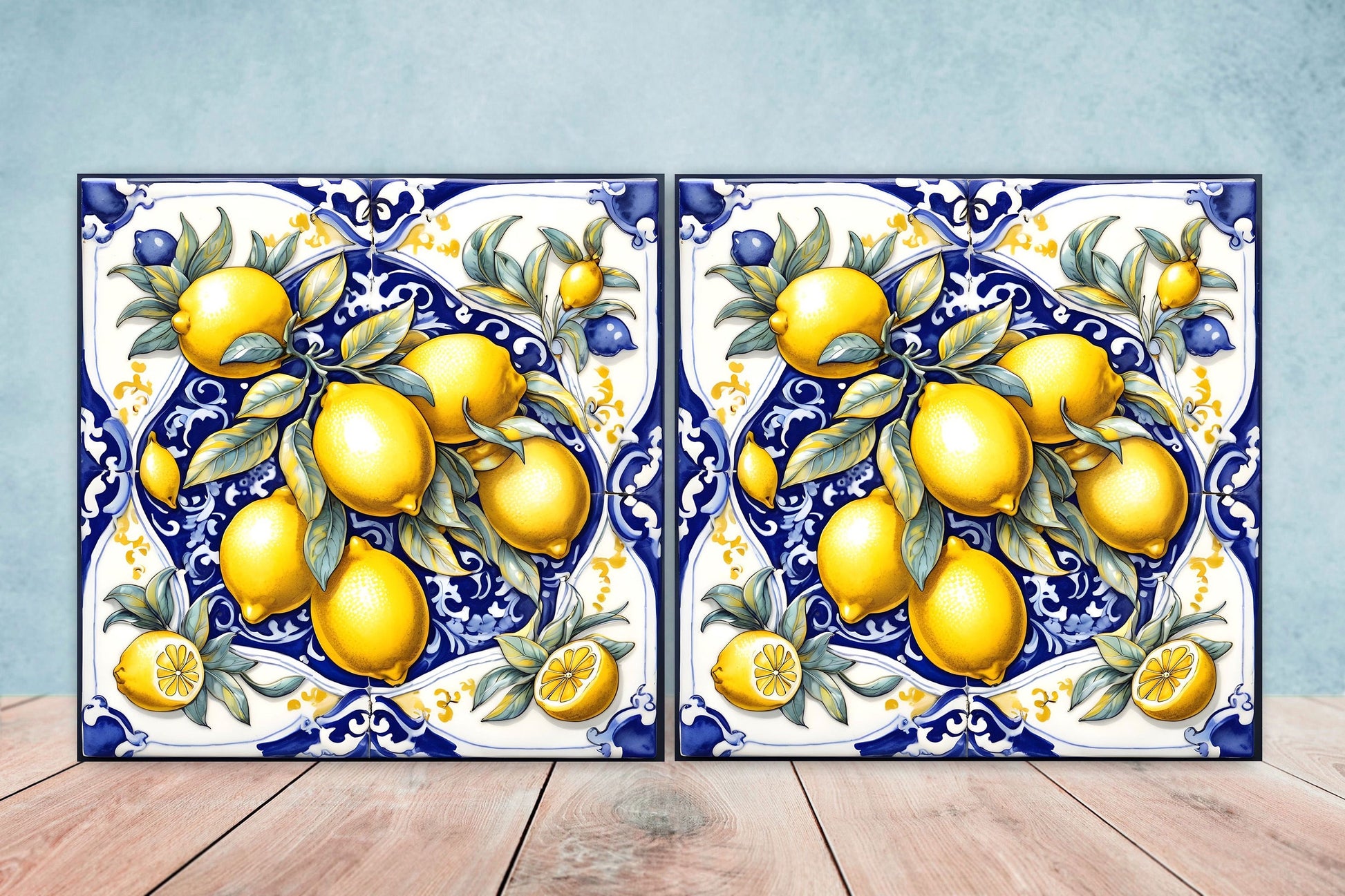 Italian Majolica Lemon Tiles - Set of 2 Italian Wall Decor Tiles - Kitchen Backsplash Tiles, Table Decorative Tiles, Bathroom Tiles, Coaster