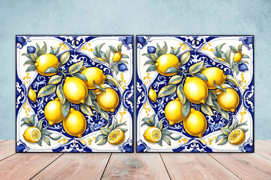 Italian Majolica Lemon Tiles - Set of 2 Italian Wall Decor Tiles - Kitchen Backsplash Tiles, Table Decorative Tiles, Bathroom Tiles, Coaster