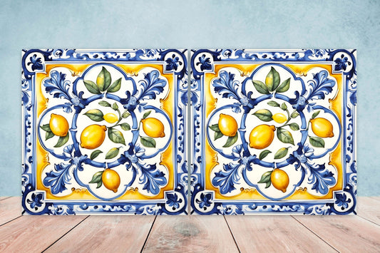 Italian Majolica Lemon Tiles - Set of 2 Italian Wall Decor Tiles - Kitchen Backsplash Tiles, Table Decorative Tiles, Bathroom Tiles, Coaster