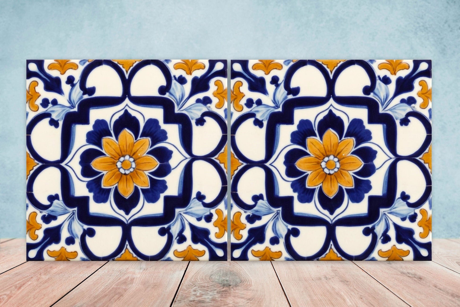 Spanish Ceramic Flower Tiles - Set of 2 Spanish Wall Decor Tiles - Kitchen Backsplash Tiles, Table Decorative Tiles, Bathroom Tiles, Coaster