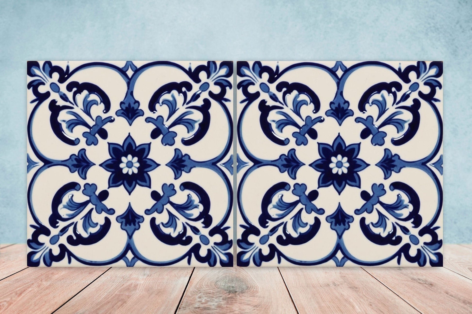Spanish Ceramic Flower Tiles - Set of 2 Spanish Wall Decor Tiles - Kitchen Backsplash Tiles, Table Decorative Tiles, Bathroom Tiles, Coaster