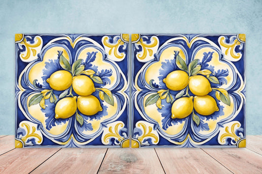 Italian Majolica Lemon Tiles - Set of 2 Italian Wall Decor Tiles - Kitchen Backsplash Tiles, Table Decorative Tiles, Bathroom Tiles, Coaster