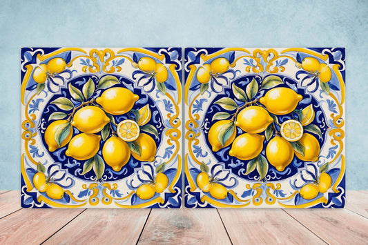 Italian Majolica Lemon Tiles - Set of 2 Italian Wall Decor Tiles - Kitchen Backsplash Tiles, Table Decorative Tiles, Bathroom Tiles, Coaster