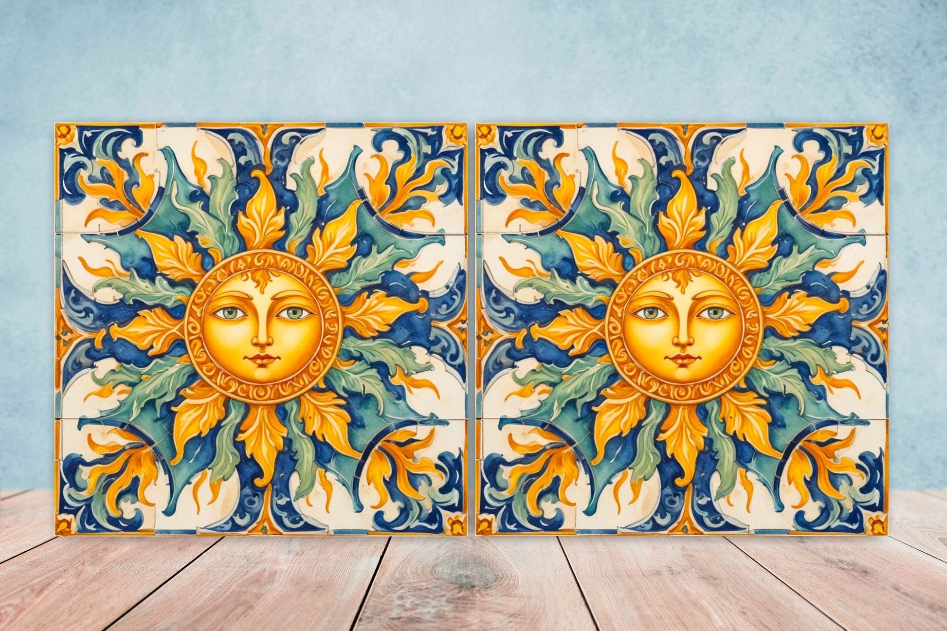 Italian Majolica Sun Tiles - Set of 2 Italian Wall Decor Tiles - Kitchen Backsplash Tiles, Table Decorative Tiles, Bathroom Tiles, Coaster