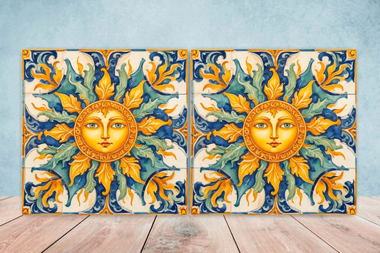 Italian Majolica Sun Tiles - Set of 2 Italian Wall Decor Tiles - Kitchen Backsplash Tiles, Table Decorative Tiles, Bathroom Tiles, Coaster