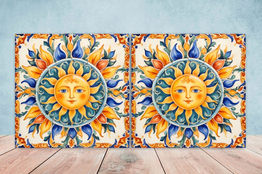 Italian Majolica Sun Tiles - Set of 2 Italian Wall Decor Tiles - Kitchen Backsplash Tiles, Table Decorative Tiles, Bathroom Tiles, Coaster