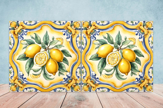 Italian Majolica Lemon Tiles - Set of 2 Italian Wall Decor Tiles - Kitchen Backsplash Tiles, Table Decorative Tiles, Bathroom Tiles, Coaster