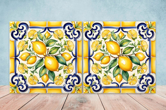 Italian Majolica Lemon Tiles - Set of 2 Italian Wall Decor Tiles - Kitchen Backsplash Tiles, Table Decorative Tiles, Bathroom Tiles, Coaster