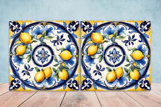 Italian Majolica Lemon Tiles - Set of 2 Italian Wall Decor Tiles - Kitchen Backsplash Tiles, Table Decorative Tiles, Bathroom Tiles, Coaster