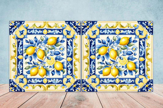 Italian Majolica Lemon Tiles - Set of 2 Italian Wall Decor Tiles - Kitchen Backsplash Tiles, Table Decorative Tiles, Bathroom Tiles, Coaster