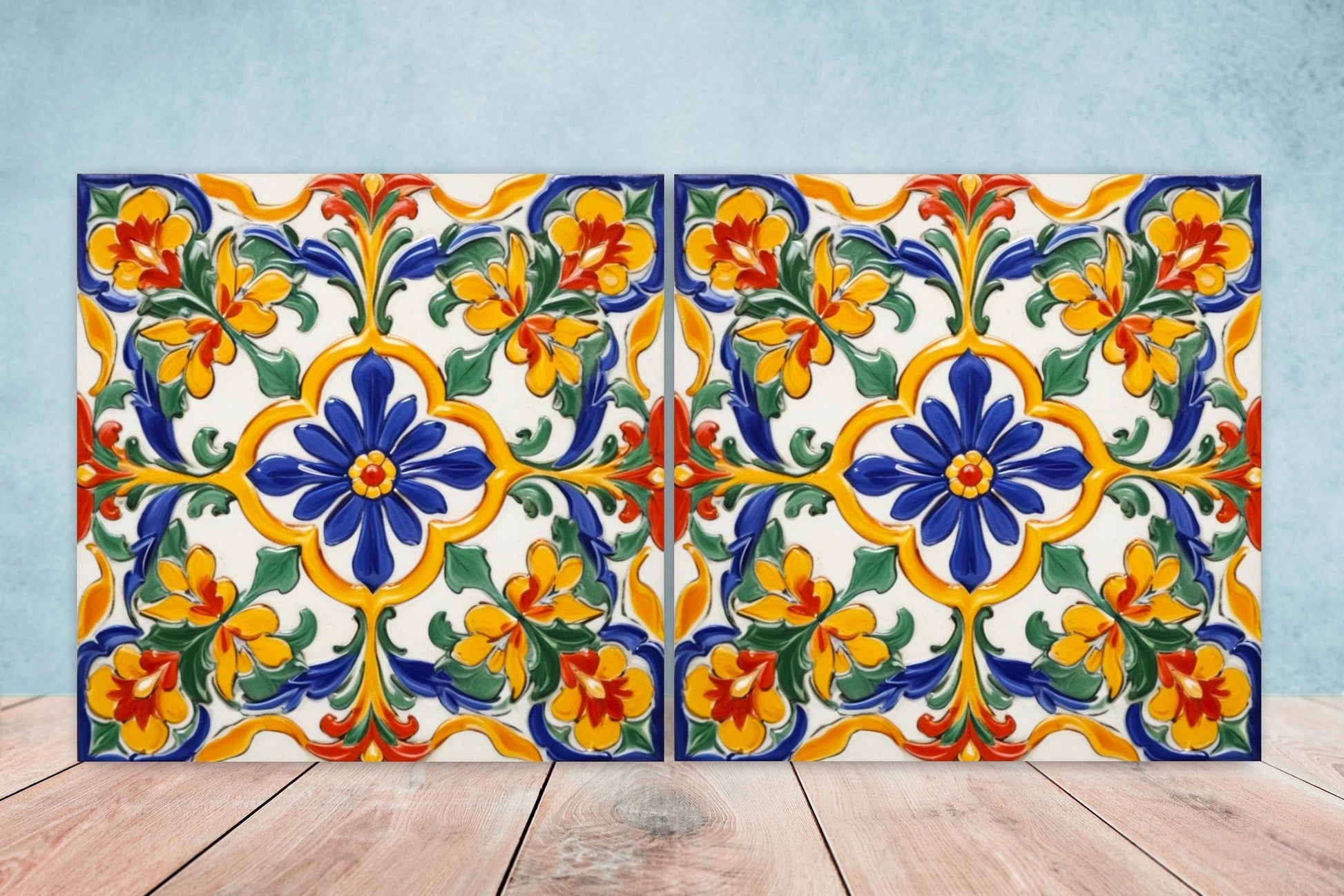 Italian Majolica Tiles - Set of 2 Sicilian Wall Decor Tiles - Kitchen Backsplash Tiles, Table Decorative Tiles, Bathroom Tiles, Coaster