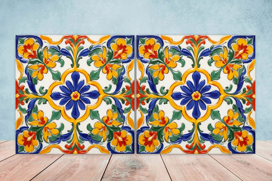 Italian Majolica Tiles - Set of 2 Sicilian Wall Decor Tiles - Kitchen Backsplash Tiles, Table Decorative Tiles, Bathroom Tiles, Coaster