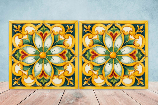 Italian Majolica Tiles - Set of 2 Sicilian Wall Decor Tiles - Kitchen Backsplash Tiles, Table Decorative Tiles, Bathroom Tiles, Coaster