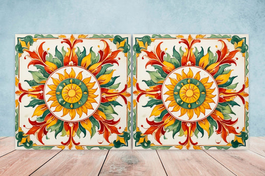 Italian Majolica Tiles - Set of 2 Sicilian Wall Decor Tiles - Kitchen Backsplash Tiles, Table Decorative Tiles, Bathroom Tiles, Coaster