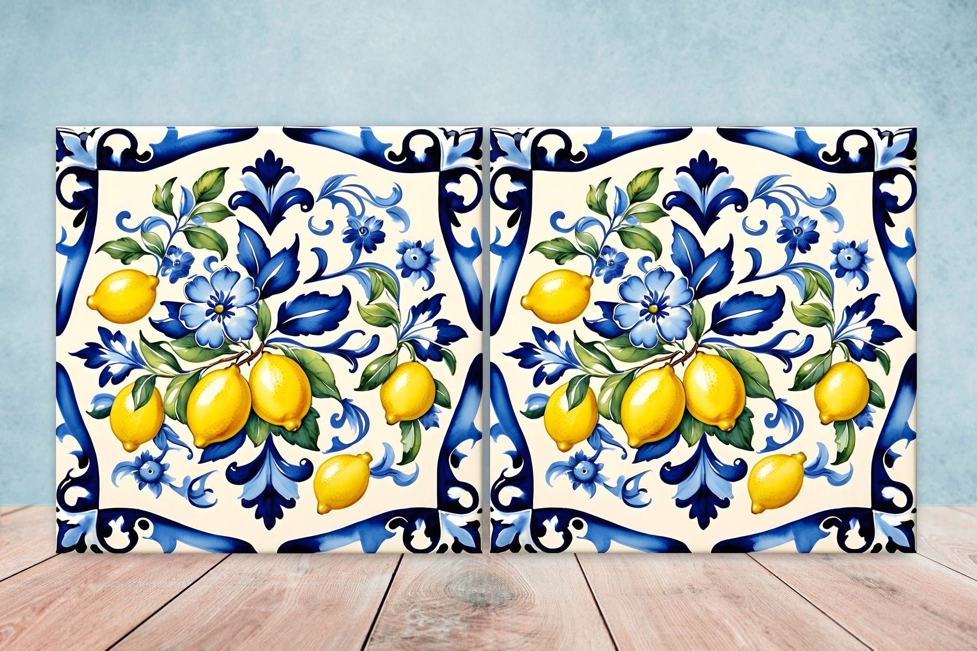 Italian Majolica Lemon Tiles - Set of 2 Italian Wall Decor Tiles - Kitchen Backsplash Tiles, Table Decorative Tiles, Bathroom Tiles, Coaster