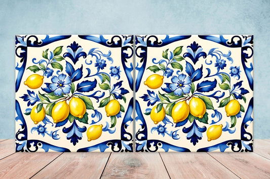 Italian Majolica Lemon Tiles - Set of 2 Italian Wall Decor Tiles - Kitchen Backsplash Tiles, Table Decorative Tiles, Bathroom Tiles, Coaster