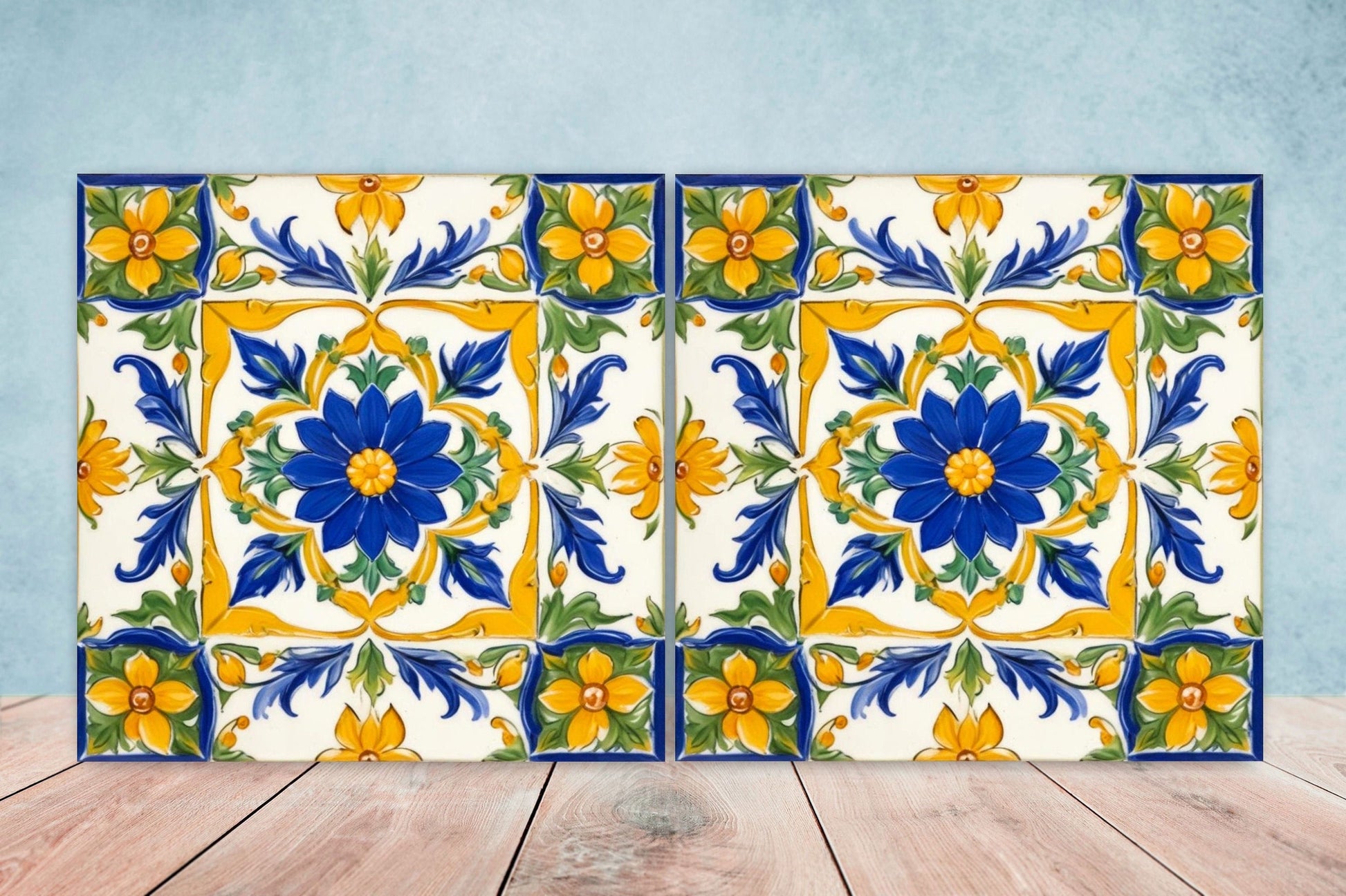 Italian Majolica Tiles - Set of 2 Sicilian Wall Decor Tiles - Kitchen Backsplash Tiles, Table Decorative Tiles, Bathroom Tiles, Coaster