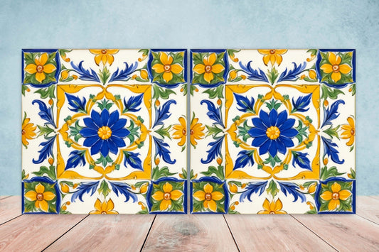 Italian Majolica Tiles - Set of 2 Sicilian Wall Decor Tiles - Kitchen Backsplash Tiles, Table Decorative Tiles, Bathroom Tiles, Coaster
