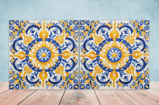 Italian Majolica Tiles - Set of 2 Sicilian Wall Decor Tiles - Kitchen Backsplash Tiles, Table Decorative Tiles, Bathroom Tiles, Coaster