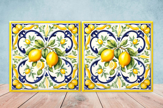 Italian Majolica Lemon Tiles - Set of 2 Italian Wall Decor Tiles - Kitchen Backsplash Tiles, Table Decorative Tiles, Bathroom Tiles, Coaster