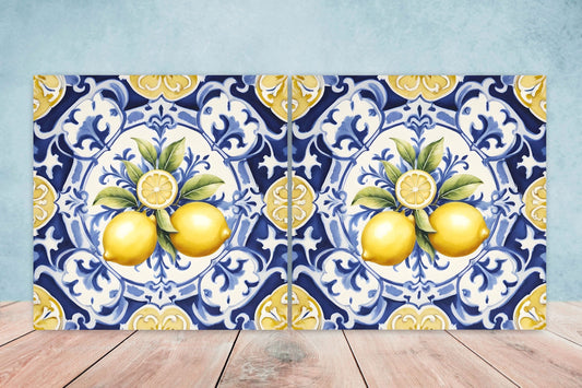 Italian Majolica Lemon Tiles - Set of 2 Italian Wall Decor Tiles - Kitchen Backsplash Tiles, Table Decorative Tiles, Bathroom Tiles, Coaster