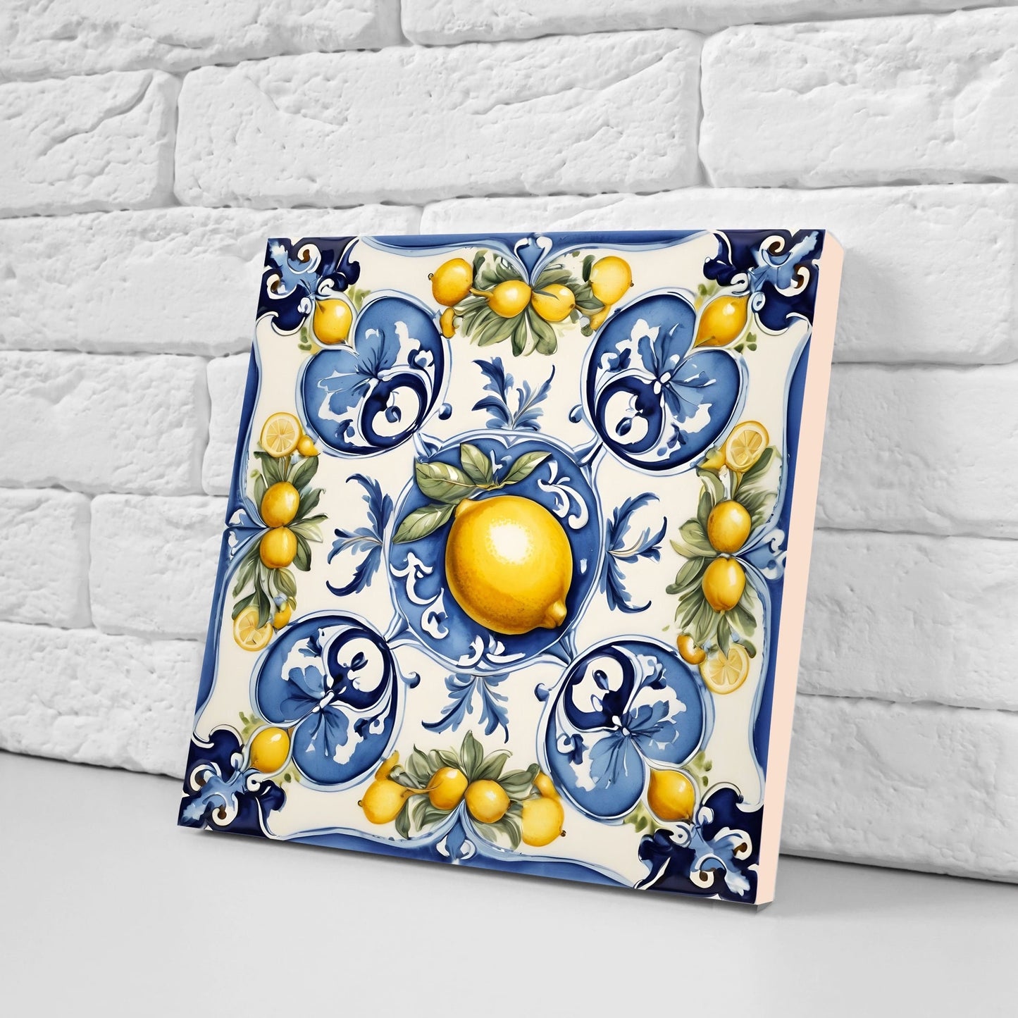Italian Majolica Lemon Tiles - Set of 2 Italian Wall Decor Tiles - Kitchen Backsplash Tiles, Table Decorative Tiles, Bathroom Tiles, Coaster