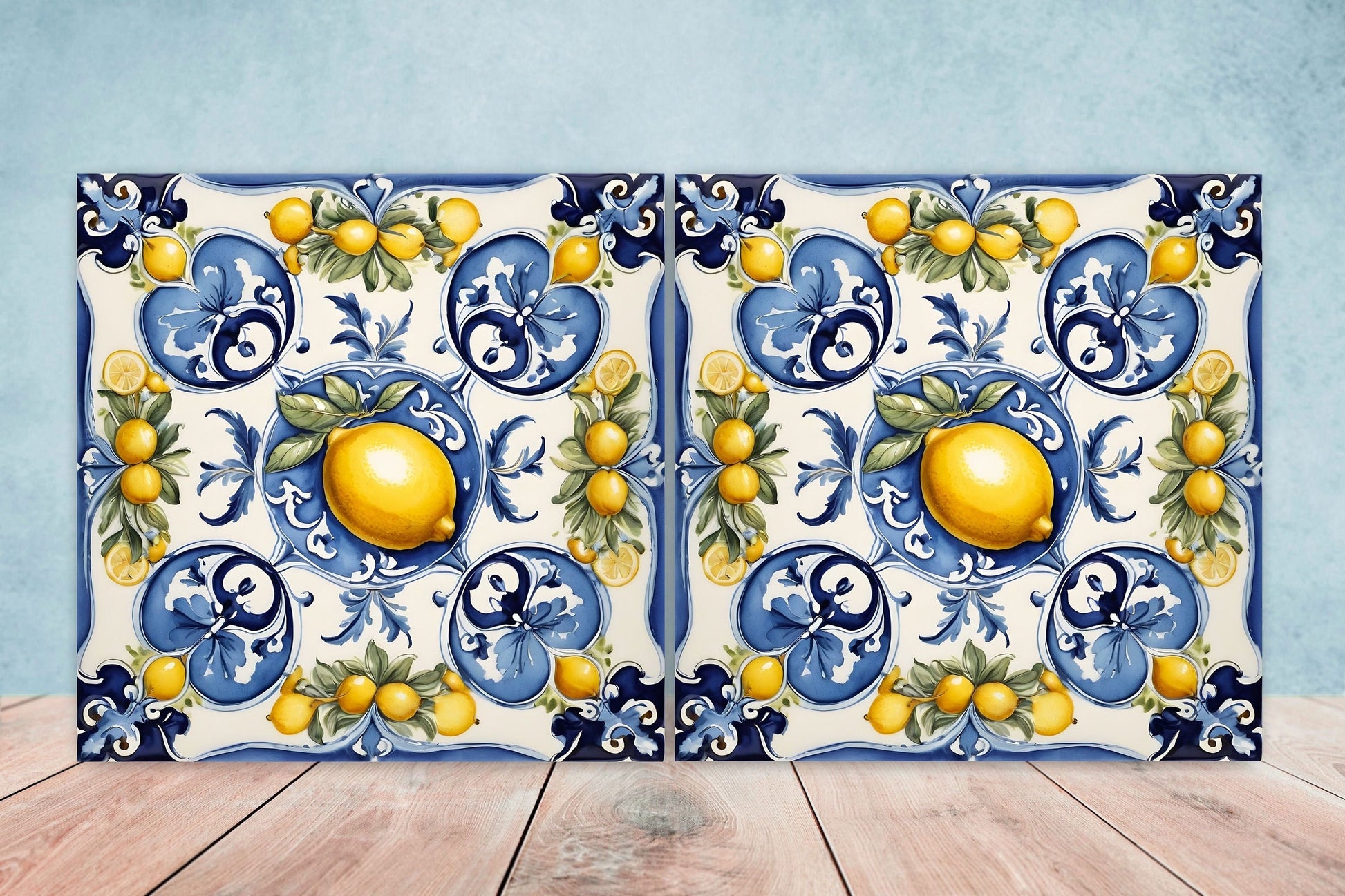 Italian Majolica Lemon Tiles - Set of 2 Italian Wall Decor Tiles - Kitchen Backsplash Tiles, Table Decorative Tiles, Bathroom Tiles, Coaster