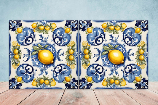 Italian Majolica Lemon Tiles - Set of 2 Italian Wall Decor Tiles - Kitchen Backsplash Tiles, Table Decorative Tiles, Bathroom Tiles, Coaster
